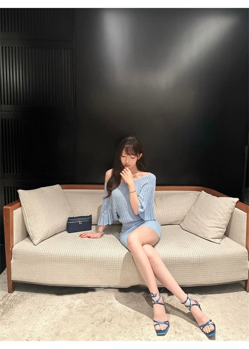 여름 새로운 오프숄더 드레스 비스듬한 어깨 섹시함 순수한 욕망 털 니트 원피스 여성 슬림해 보이는 타이트 스커트 미니 스커트 상세 이미지 16