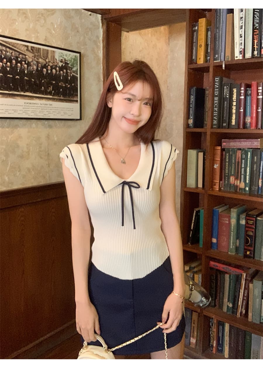 한 부서 핫걸 레이스업 나비 매듭 작은 날다 소매 니트 여성 셔츠 여름 학원 스타일 몸매 가꾸기 민소매 쇼트 스타일 맨위 상세 이미지 19