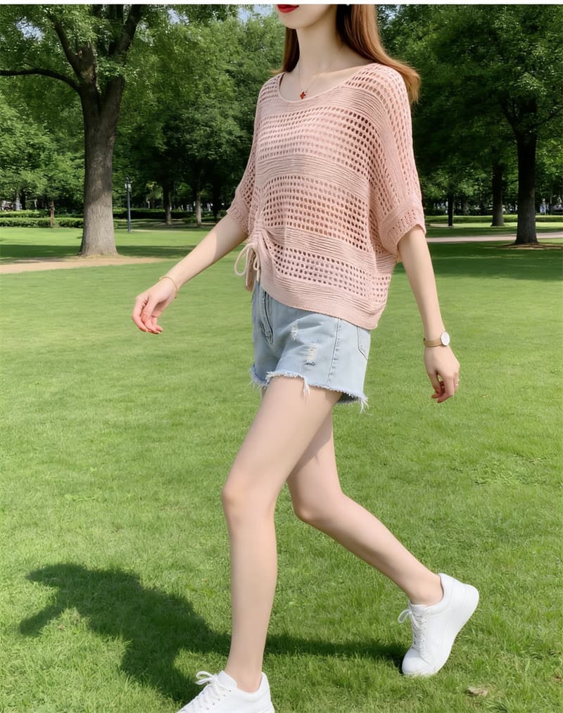 쇼트 스타일 망사 티셔츠 여성 여름 얇은 스타일 외국 가스 홀로우 아웃 반팔 루즈핏 경기 슬립 치마 자외선 차단 블라우스 상세 이미지 8