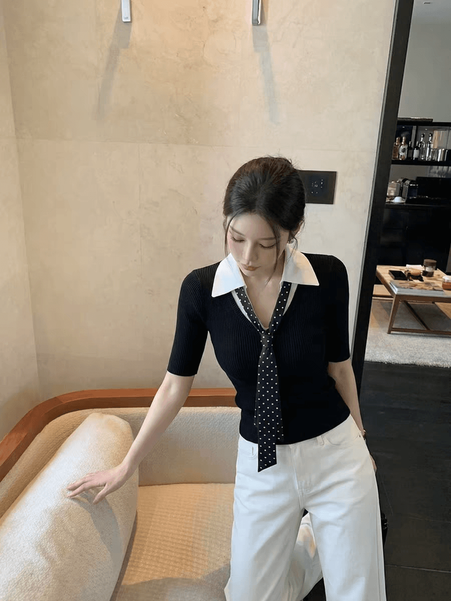 한 부서 폴로 칼라 POLO 셔츠 니트 얼음 실크 반팔 여성 여름 작은 키 긍정적 인 어깨 몸매 가꾸기 쇼트 스타일 맨위 상세 이미지 8