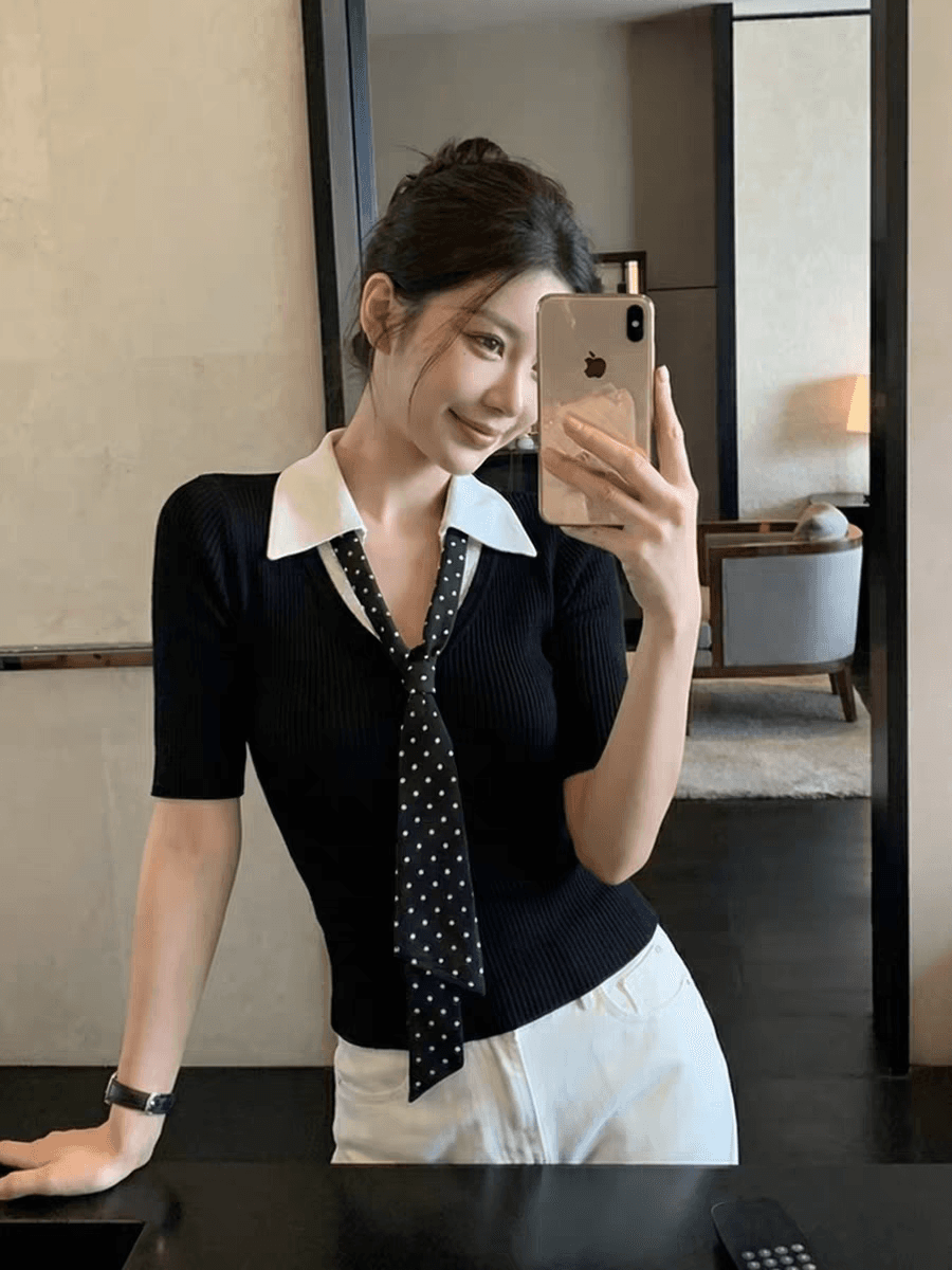 한 부서 폴로 칼라 POLO 셔츠 니트 얼음 실크 반팔 여성 여름 작은 키 긍정적 인 어깨 몸매 가꾸기 쇼트 스타일 맨위 상세 이미지 12