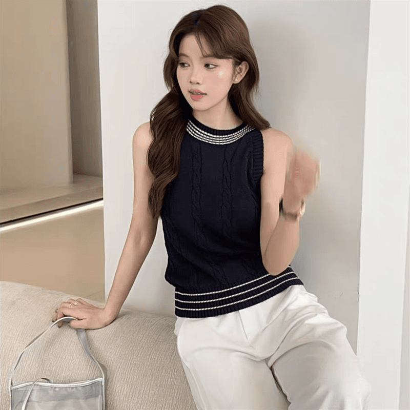 아메리칸 라운드 넥 꽈배기 맨위 새로운 니트 조끼 디자인 여름 몸매 가꾸기 슬림해 보이는 민소매 이미지 4