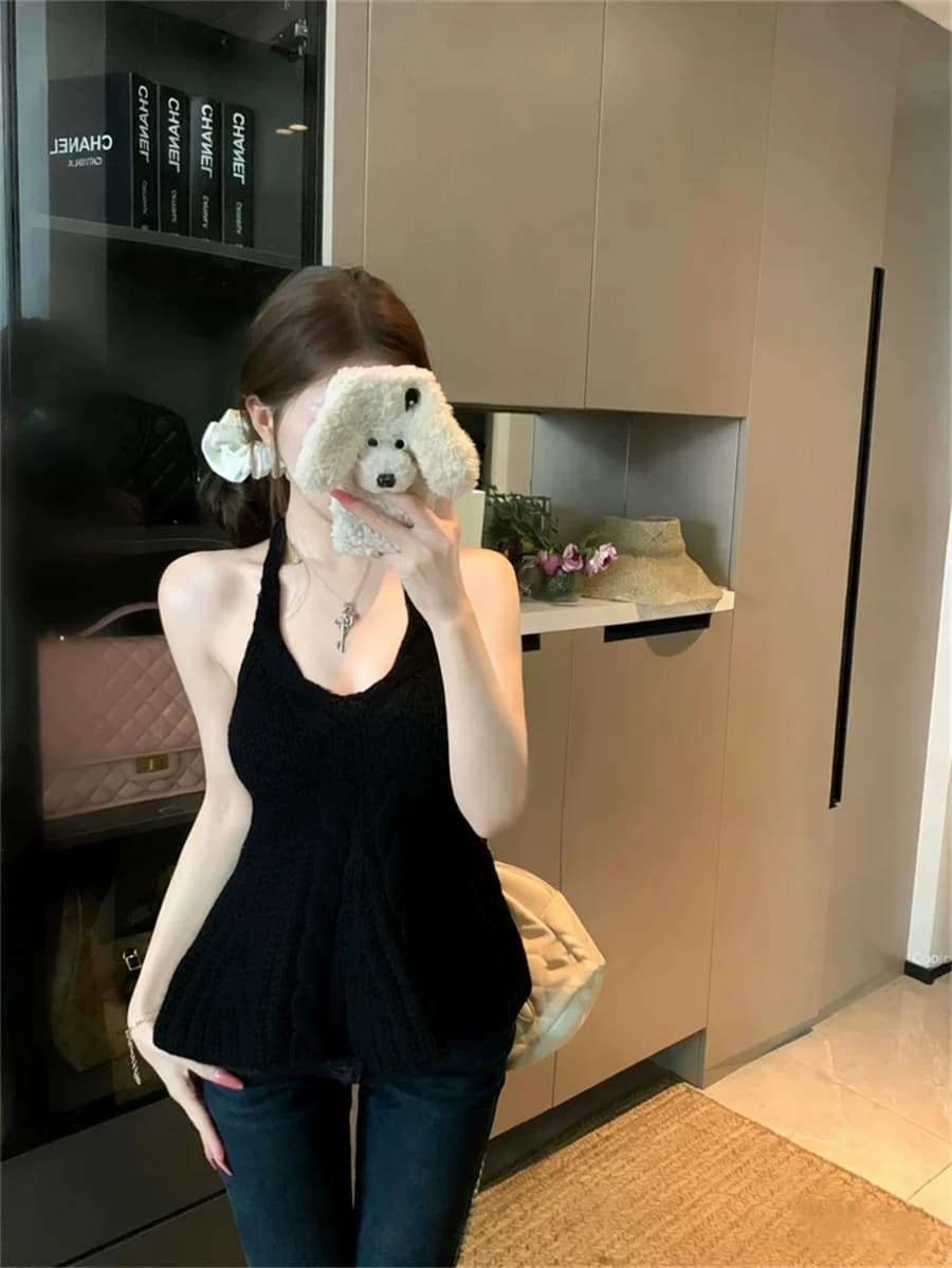 여름 인사이드 가져 가라. 외출용 행침 목 캐미솔 홀로우 아웃 V넥 허리 수축 꽈배기 니트 핫걸 바람 맨위 상세 이미지 9