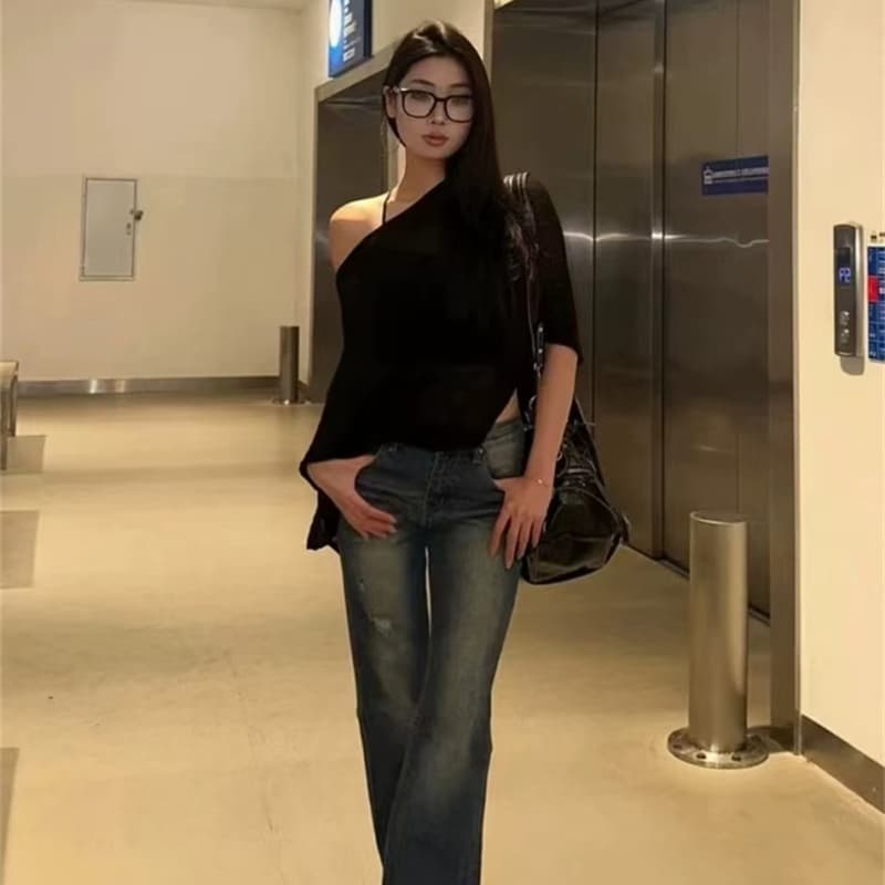 레트로 얇은 스타일 비스듬한 어깨 민소매 니트 스웨터 여성 여름 새로운 한국 스타일 루즈핏 불규칙 망토 블라우스 맨위 트렌디 상세 이미지 4