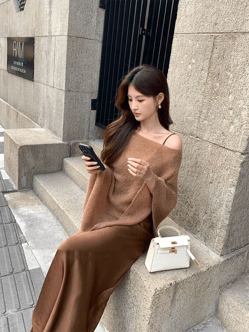 레트로 얇은 스타일 비스듬한 어깨 민소매 니트 스웨터 여성 여름 새로운 한국 스타일 루즈핏 불규칙 망토 블라우스 맨위 트렌디 상세 이미지 16