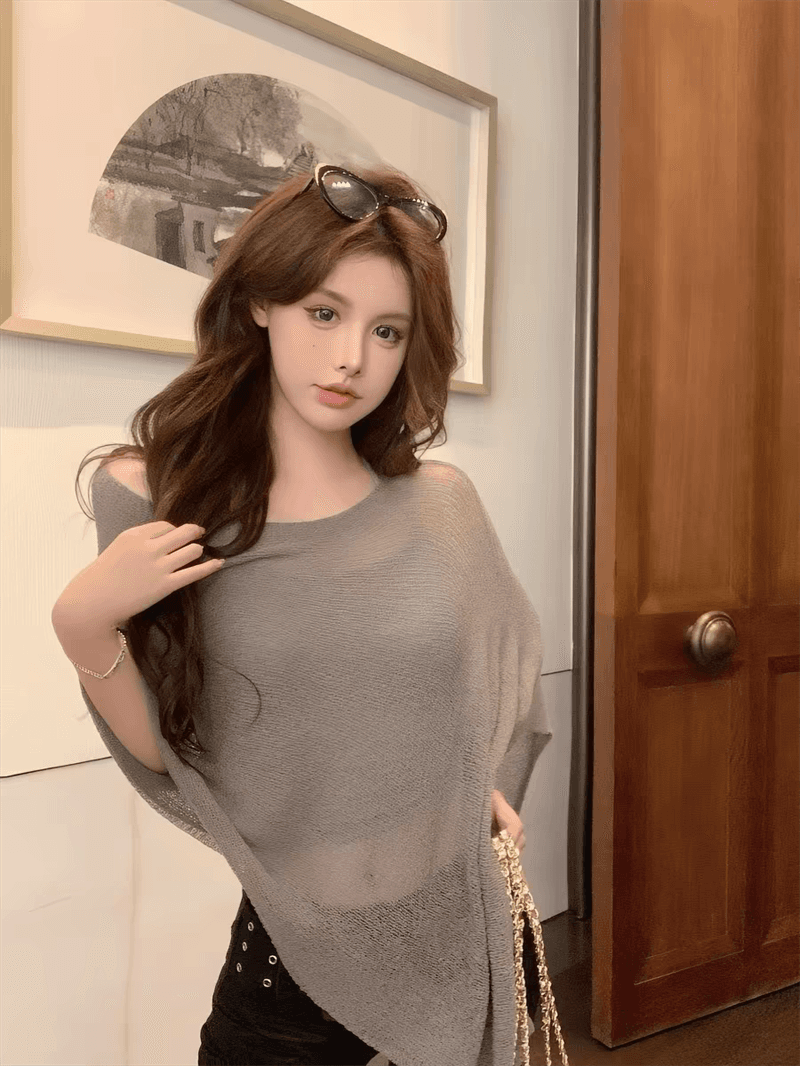 레트로 얇은 스타일 비스듬한 어깨 민소매 니트 스웨터 여성 여름 새로운 한국 스타일 루즈핏 불규칙 망토 블라우스 맨위 트렌디 상세 이미지 17