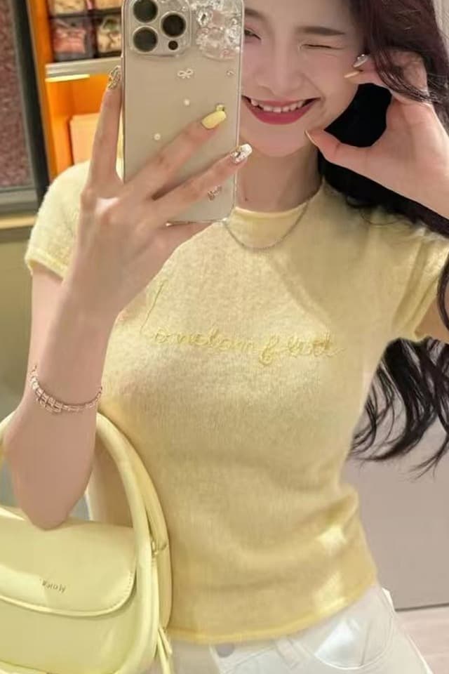 한 부서 황색 알파벳 긍정적 인 어깨 반팔 티셔츠 여성 여름 새로운 슈퍼 화재 연령 감소 자이언트 잘 생긴 아름다운 맨위 이미지 6