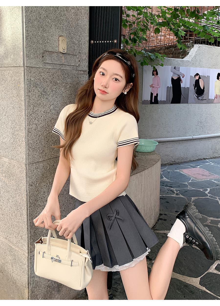 한 부서 배색 라운드 넥 니트 반팔 티셔츠 여성 새로운 몸매 가꾸기 슬림해 보이는 미니멀리즘 긍정적 인 어깨 다용도 맨위 상세 이미지 11