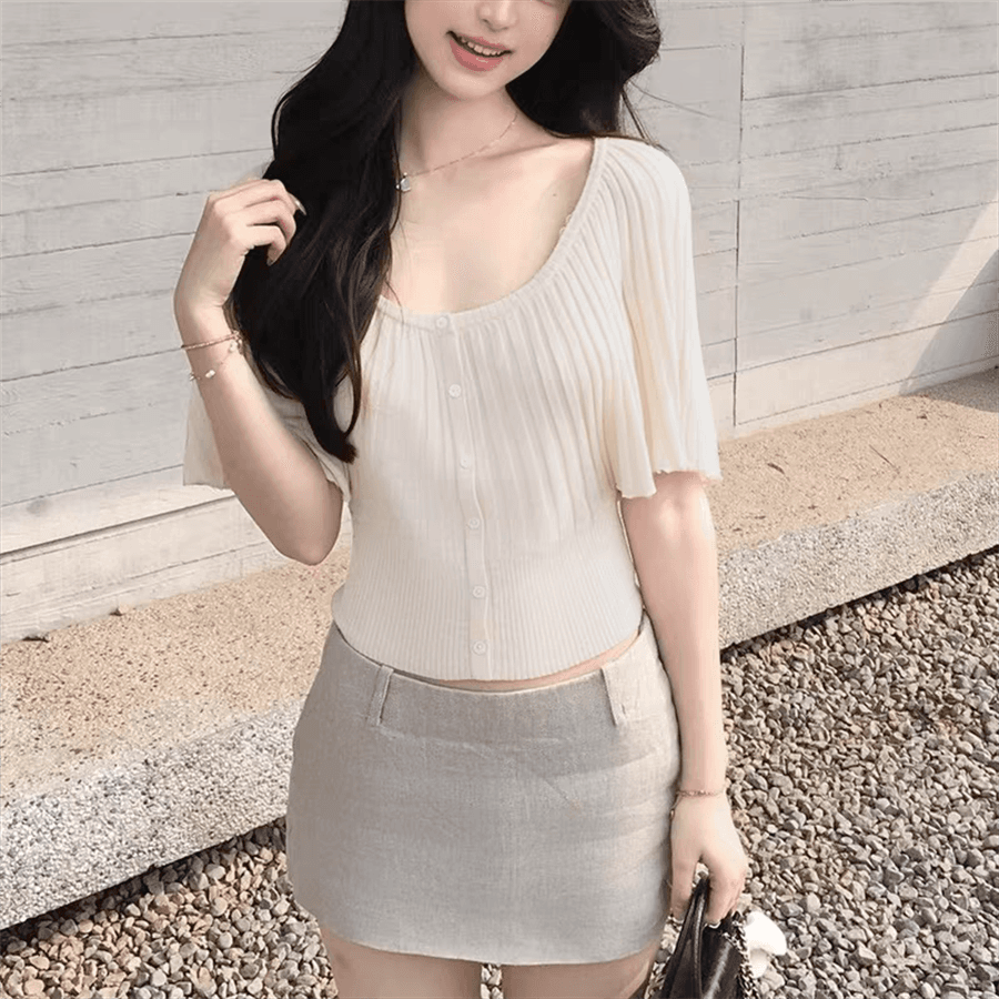 슈퍼 잘 생긴 플리츠 반팔 티셔츠 여성 여름 새로운 패션 허리 수축 몸매 가꾸기 슬림해 보이는 다용도 니트 맨위 이미지 4