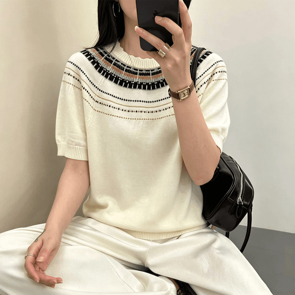 고급 센스 공정한 섬 자카드 니트 스웨터 티셔츠 여성 여름 착용 가져 가라. 느슨함 센스 루즈핏 자이언트 잘 생긴 반팔 맨위 상세 이미지 2