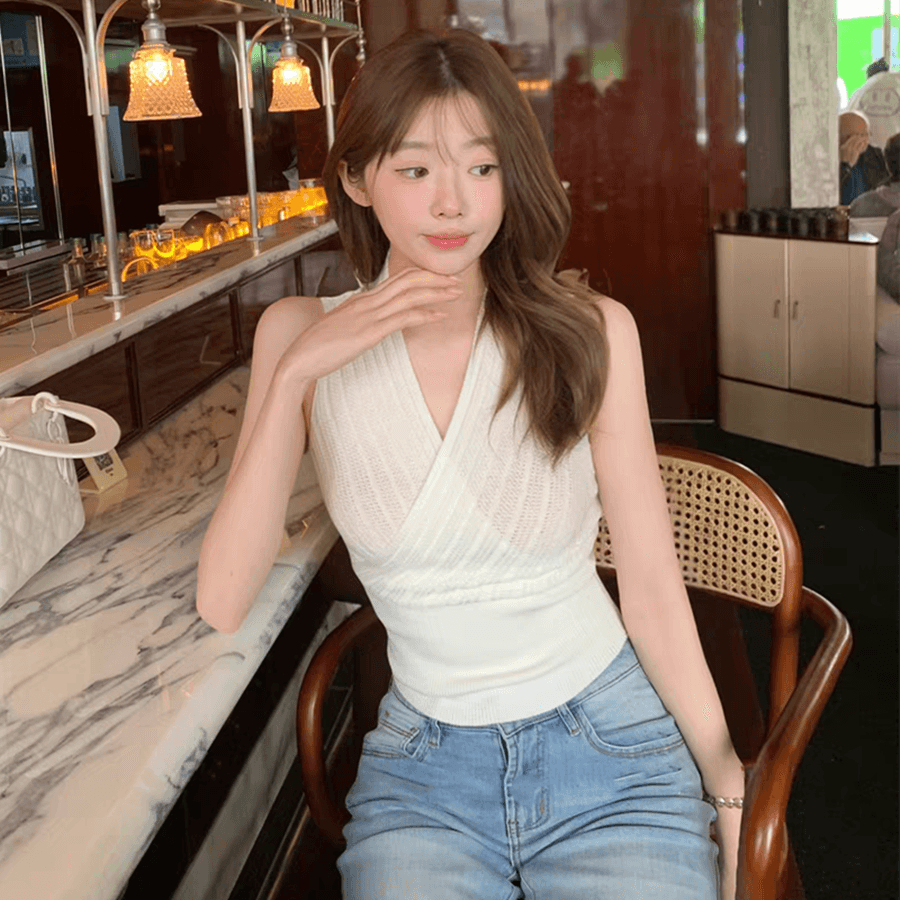 순수한 욕망 핫걸 십자가 V넥 민소매 슬립 니트 스웨터 여름 디자인 센스 허리 수축 슬림해 보이는 다용도 맨위 이미지 3