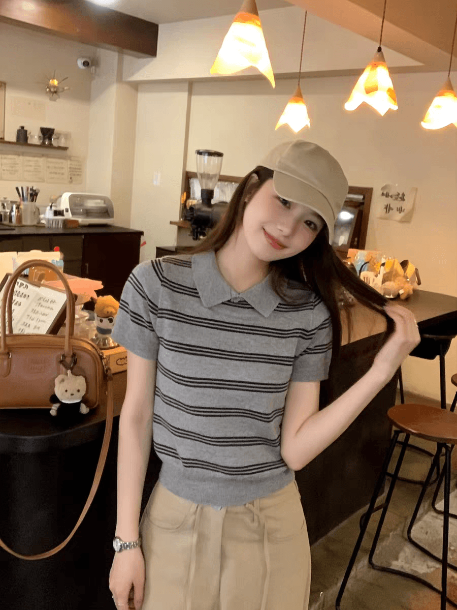 한국 스타일 학원 스타일 POLO 칼라 스트라이프 니트 반팔 여성 이른 가을 몸매 가꾸기 슬림해 보이는 다용도 디자인 센스 맨위 상세 이미지 8