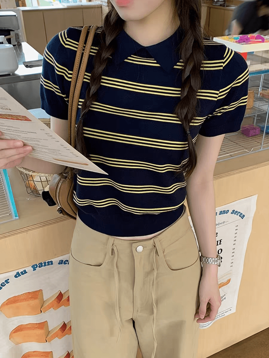 한국 스타일 학원 스타일 POLO 칼라 스트라이프 니트 반팔 여성 이른 가을 몸매 가꾸기 슬림해 보이는 다용도 디자인 센스 맨위 상세 이미지 11