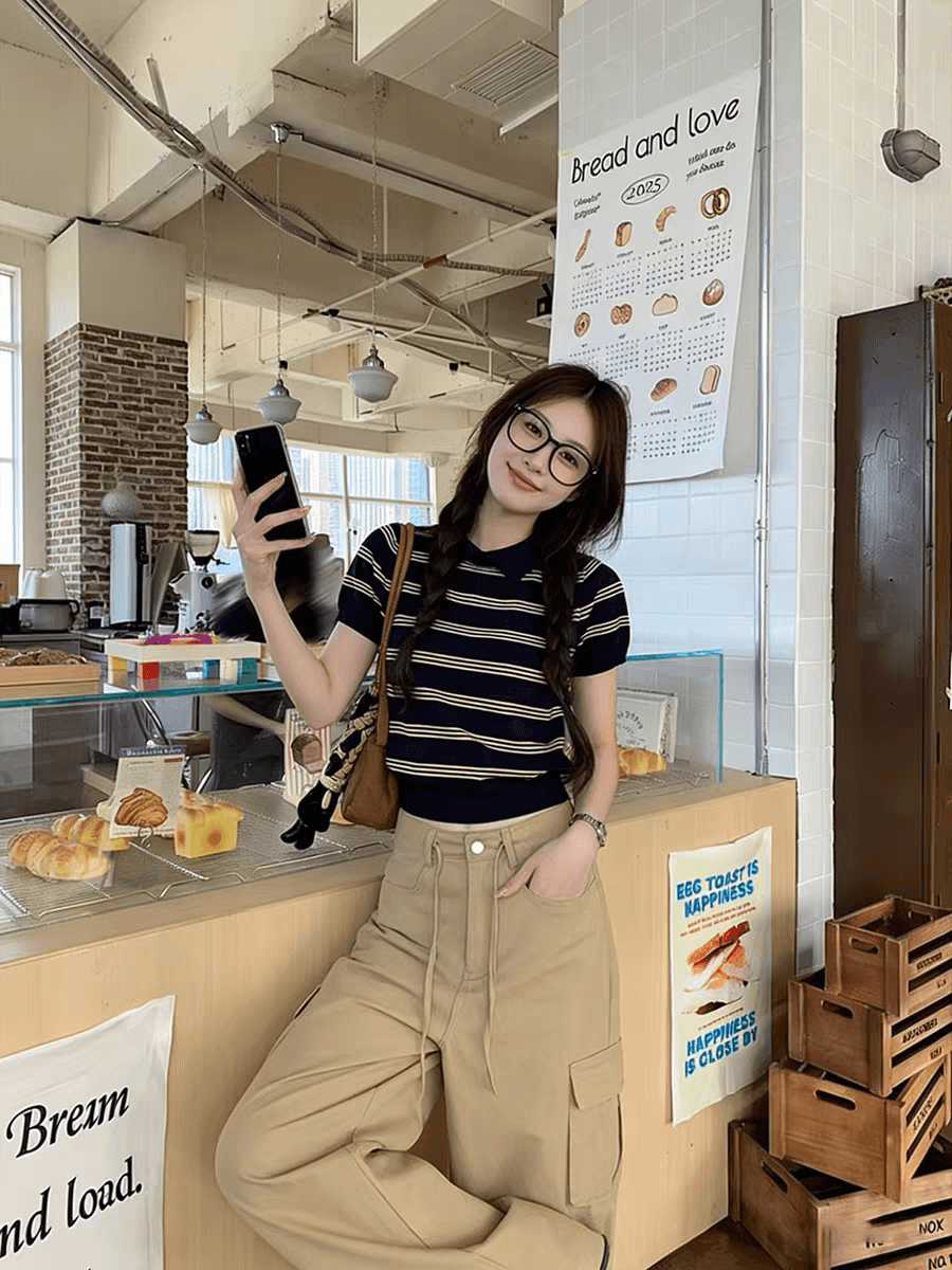 한국 스타일 학원 스타일 POLO 칼라 스트라이프 니트 반팔 여성 이른 가을 몸매 가꾸기 슬림해 보이는 다용도 디자인 센스 맨위 상세 이미지 12