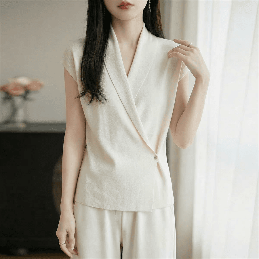 품격 우아함 십자가 V넥 티셔츠 맨위 여성 여름 새로운 허리 수축 작은 날다 소매 디자인 센스 니트 작은 셔츠 이미지 2