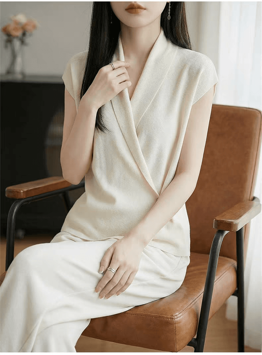 품격 우아함 십자가 V넥 티셔츠 맨위 여성 여름 새로운 허리 수축 작은 날다 소매 디자인 센스 니트 작은 셔츠 상세 이미지 16