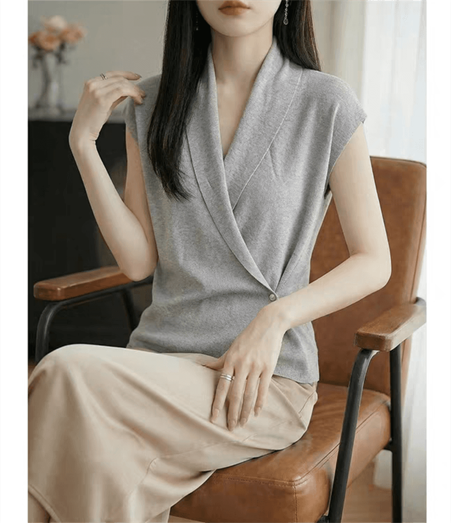 품격 우아함 십자가 V넥 티셔츠 맨위 여성 여름 새로운 허리 수축 작은 날다 소매 디자인 센스 니트 작은 셔츠 상세 이미지 21