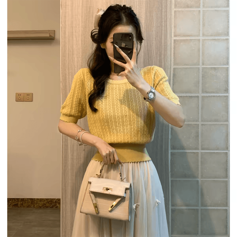 프랑스식 얼음 실크 홀로우 아웃 니트 스웨터 반팔 여성 여름 고유 한 아름다운 꼬집기 허리 작은 샤넬 스타일 품격 티셔츠 맨위 이미지 4