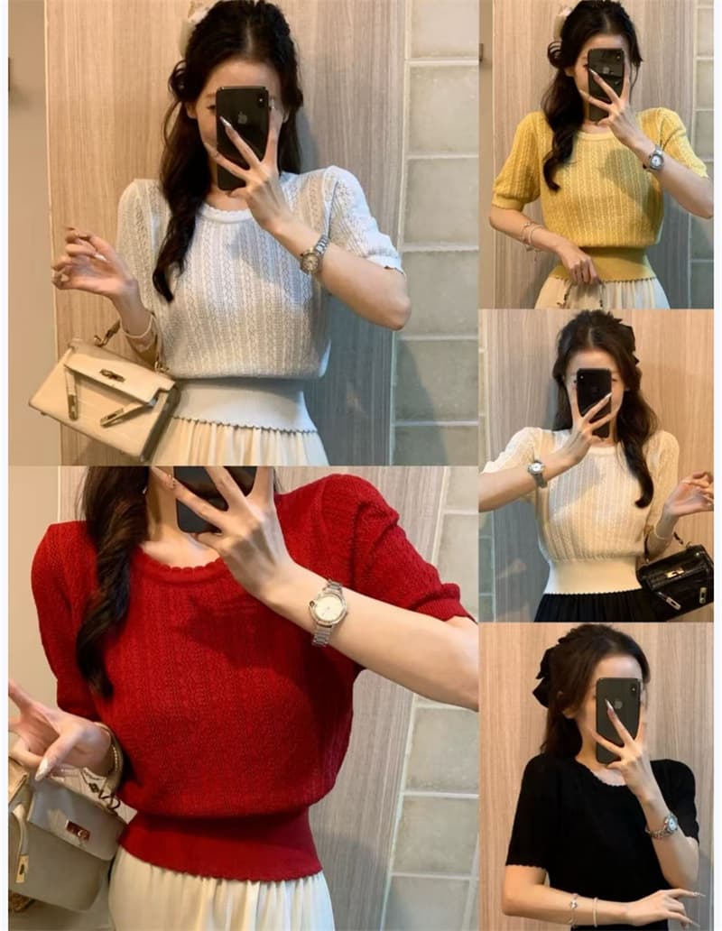 프랑스식 얼음 실크 홀로우 아웃 니트 스웨터 반팔 여성 여름 고유 한 아름다운 꼬집기 허리 작은 샤넬 스타일 품격 티셔츠 맨위 상세 이미지 1