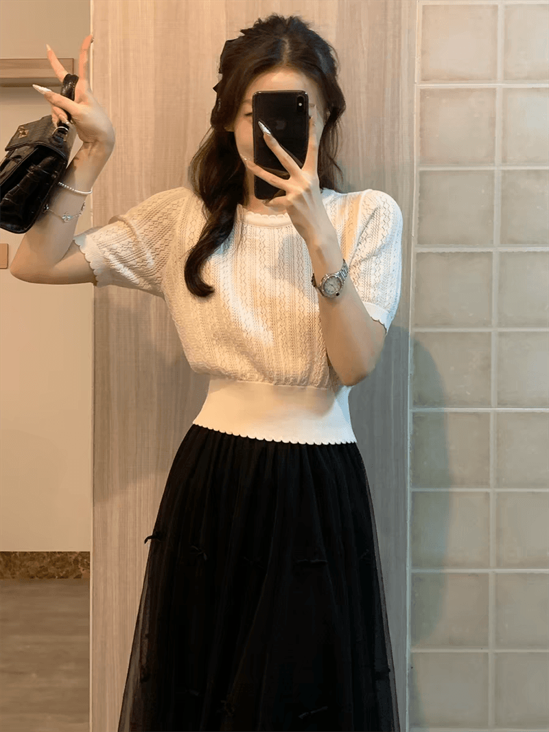 프랑스식 얼음 실크 홀로우 아웃 니트 스웨터 반팔 여성 여름 고유 한 아름다운 꼬집기 허리 작은 샤넬 스타일 품격 티셔츠 맨위 상세 이미지 24