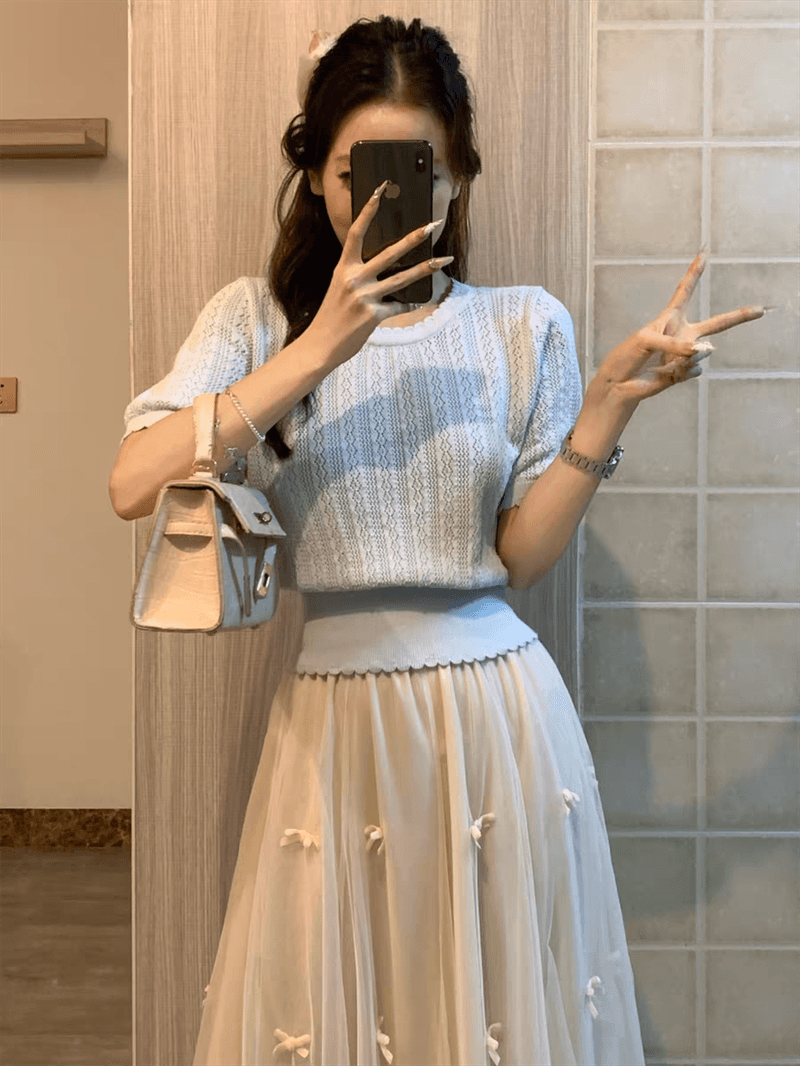 프랑스식 얼음 실크 홀로우 아웃 니트 스웨터 반팔 여성 여름 고유 한 아름다운 꼬집기 허리 작은 샤넬 스타일 품격 티셔츠 맨위 상세 이미지 30