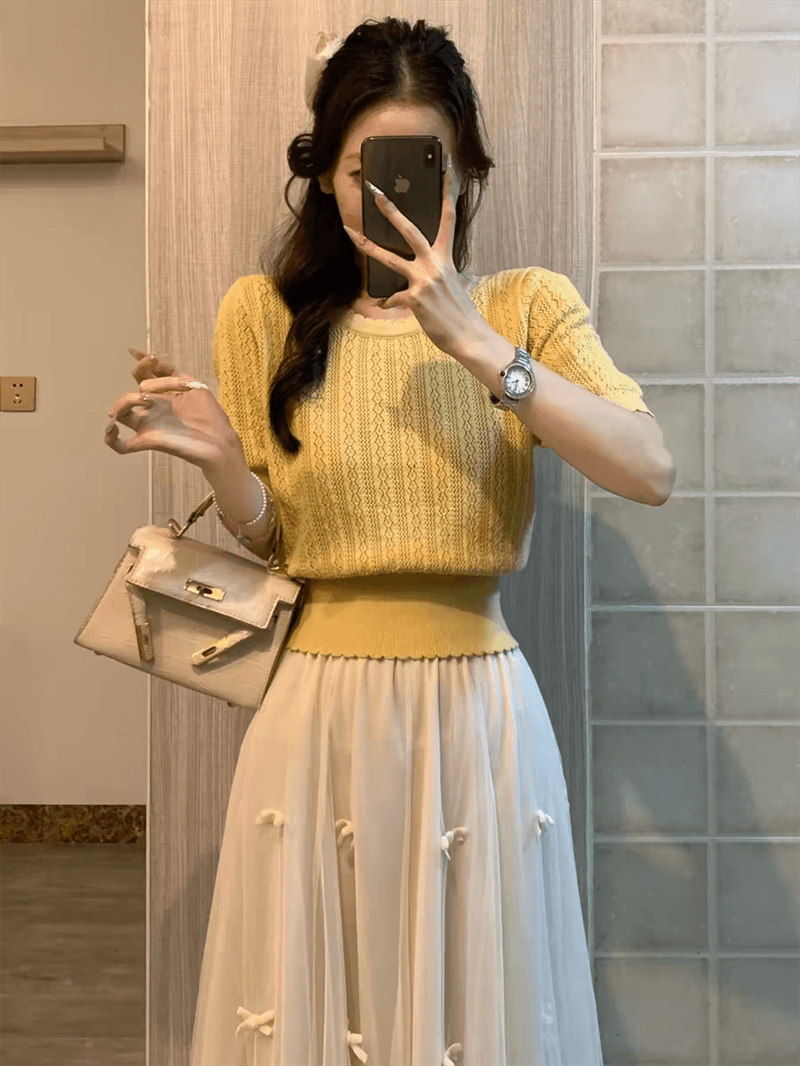 프랑스식 얼음 실크 홀로우 아웃 니트 스웨터 반팔 여성 여름 고유 한 아름다운 꼬집기 허리 작은 샤넬 스타일 품격 티셔츠 맨위 상세 이미지 42