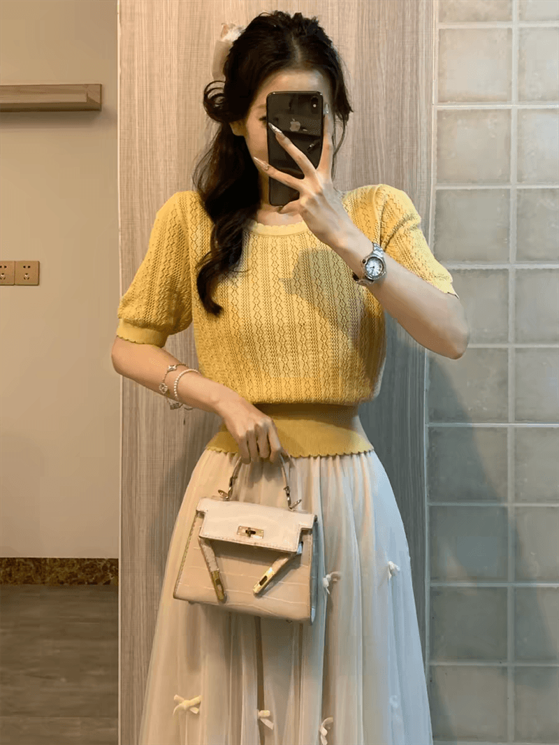 프랑스식 얼음 실크 홀로우 아웃 니트 스웨터 반팔 여성 여름 고유 한 아름다운 꼬집기 허리 작은 샤넬 스타일 품격 티셔츠 맨위 상세 이미지 43