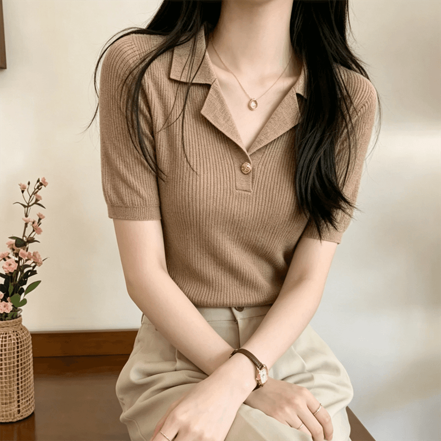한 부서 고급 센스 반팔 폴로 칼라 니트 스웨터 여름 새로운 몸매 가꾸기 슬림해 보이는 맨위 티셔츠 여성 이미지 4