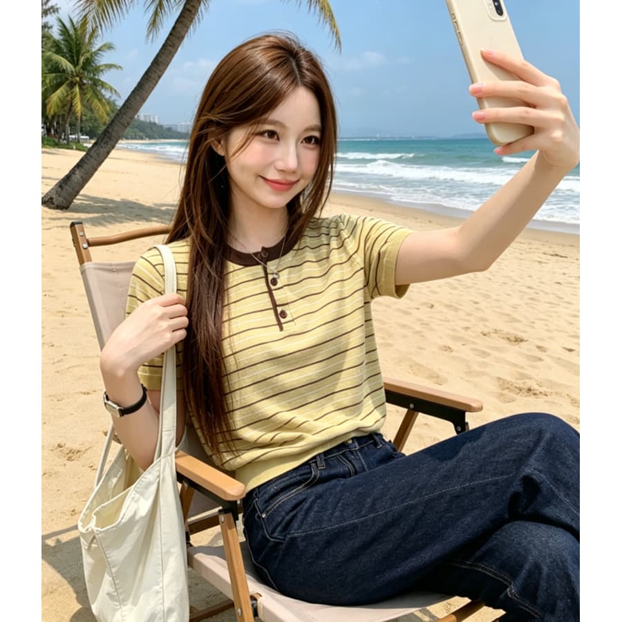 패치워크 색상 스트라이프 라운드 넥 긍정적 인 어깨 반팔 니트 스웨터 여성 여름 새로운 느긋한 바람 출퇴근 다용도 맨위 이미지 3