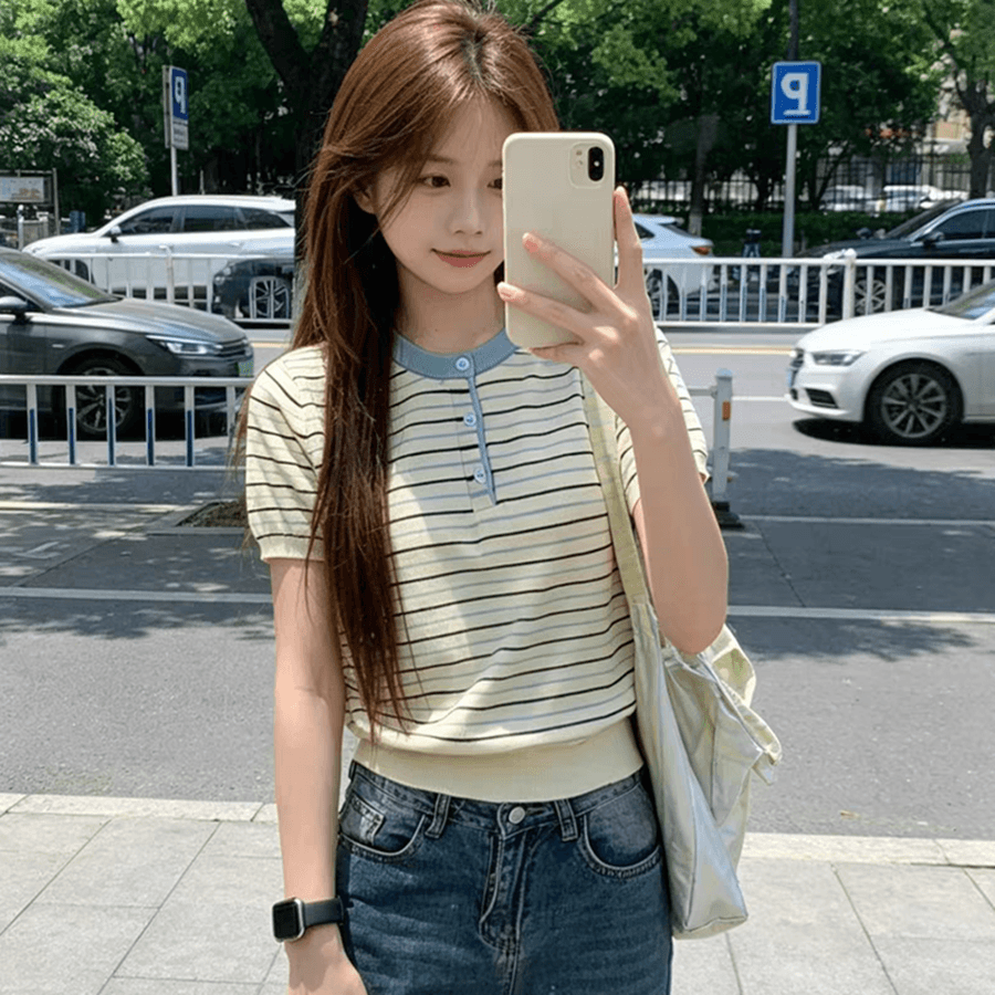 패치워크 색상 스트라이프 라운드 넥 긍정적 인 어깨 반팔 니트 스웨터 여성 여름 새로운 느긋한 바람 출퇴근 다용도 맨위 상세 이미지 1
