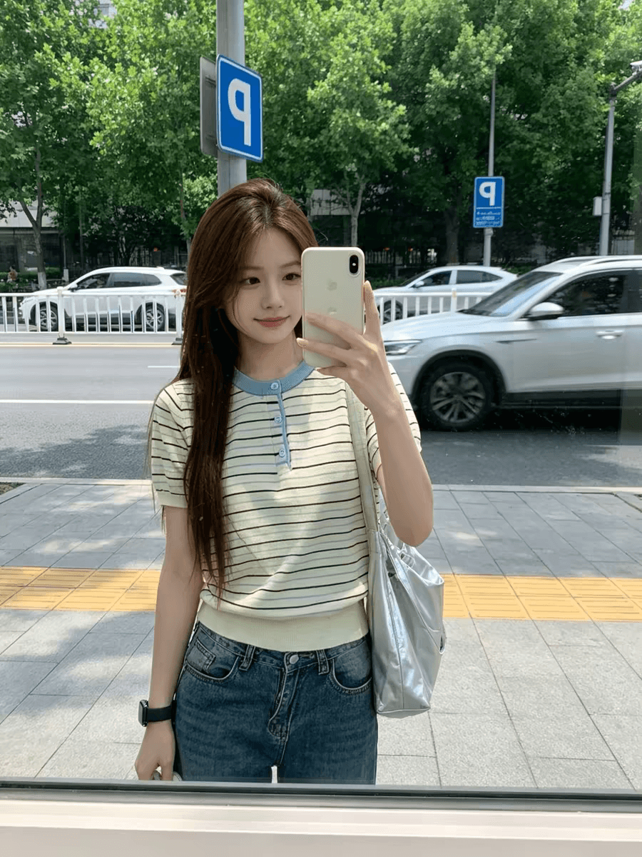 패치워크 색상 스트라이프 라운드 넥 긍정적 인 어깨 반팔 니트 스웨터 여성 여름 새로운 느긋한 바람 출퇴근 다용도 맨위 상세 이미지 6
