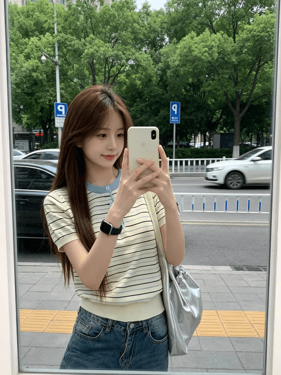 패치워크 색상 스트라이프 라운드 넥 긍정적 인 어깨 반팔 니트 스웨터 여성 여름 새로운 느긋한 바람 출퇴근 다용도 맨위 상세 이미지 7