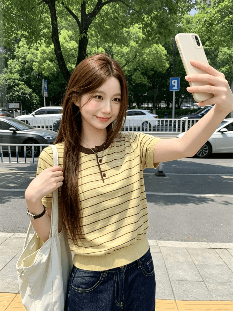 패치워크 색상 스트라이프 라운드 넥 긍정적 인 어깨 반팔 니트 스웨터 여성 여름 새로운 느긋한 바람 출퇴근 다용도 맨위 상세 이미지 8