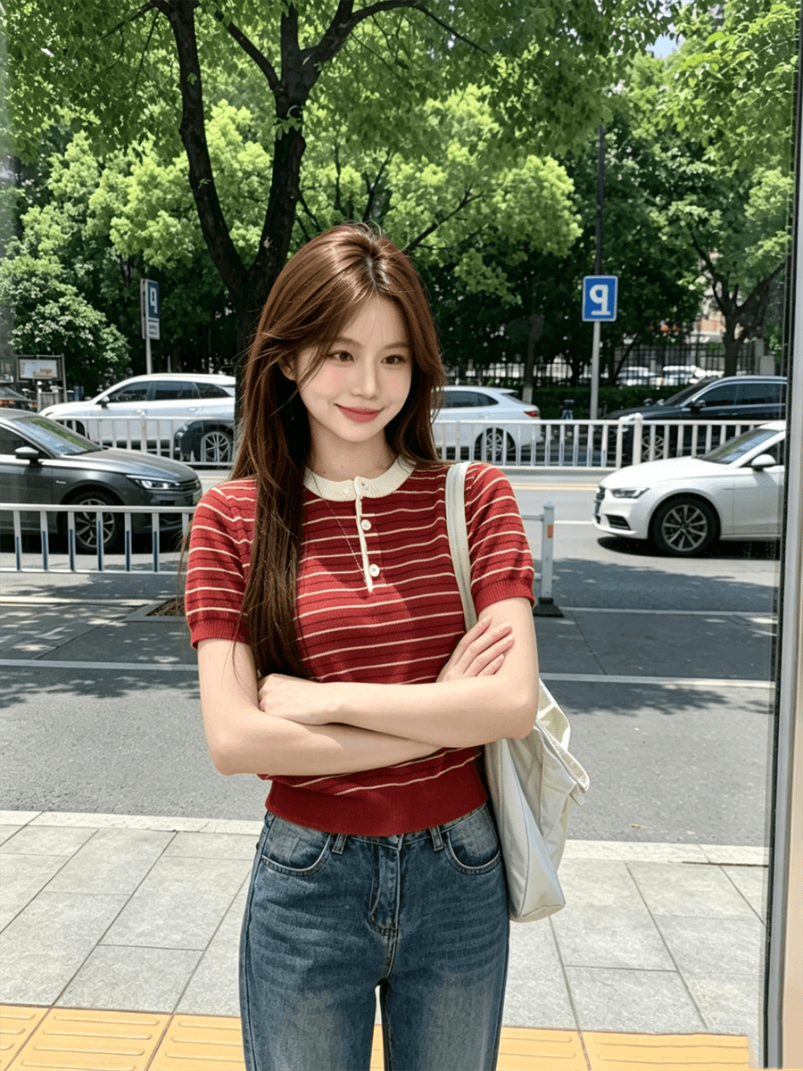 패치워크 색상 스트라이프 라운드 넥 긍정적 인 어깨 반팔 니트 스웨터 여성 여름 새로운 느긋한 바람 출퇴근 다용도 맨위 상세 이미지 17