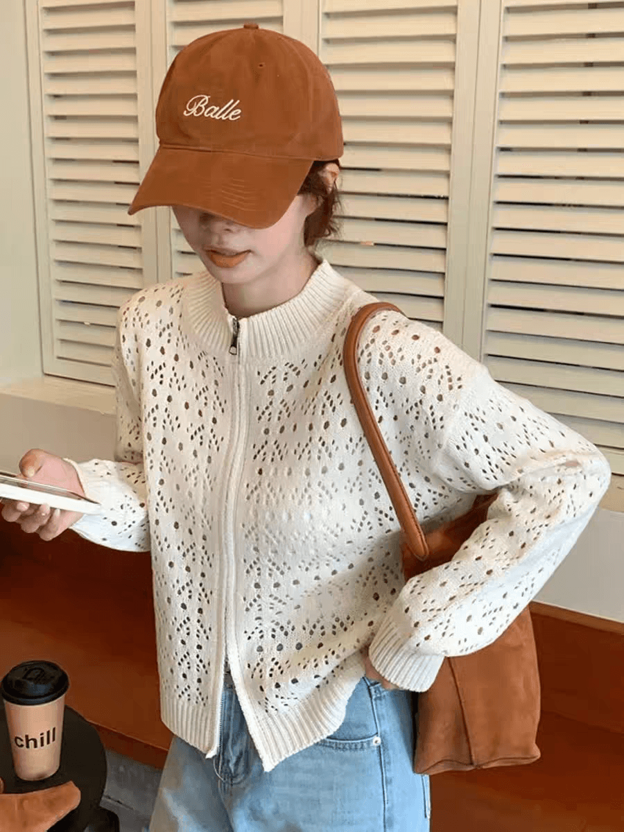 한 부서 레트로 홀로우 아웃 지퍼 여성 코트 가을 새로운 디자인 센스 쇼트 스타일 니트 오픈 가디건 맨위 상세 이미지 1