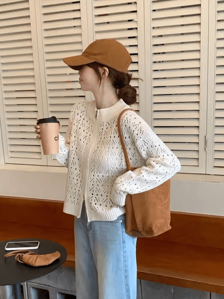 한 부서 레트로 홀로우 아웃 지퍼 여성 코트 가을 새로운 디자인 센스 쇼트 스타일 니트 오픈 가디건 맨위 상세 이미지 8