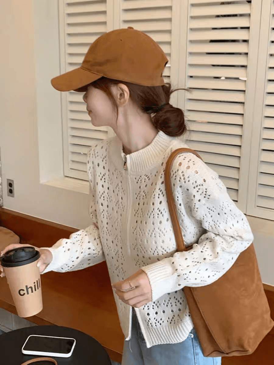 한 부서 레트로 홀로우 아웃 지퍼 여성 코트 가을 새로운 디자인 센스 쇼트 스타일 니트 오픈 가디건 맨위 상세 이미지 9