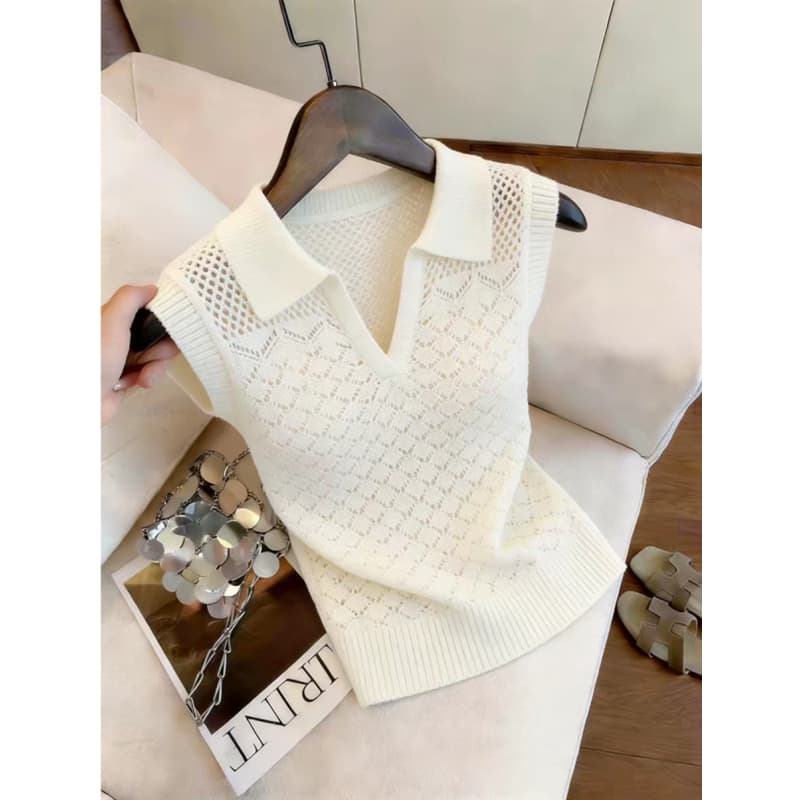 한 부서 자수 홀로우 아웃 폴로 칼라 니트 조끼 여성 여름 외출용 디자인 센스 품격 슬림해 보이는 민소매 맨위 이미지 4
