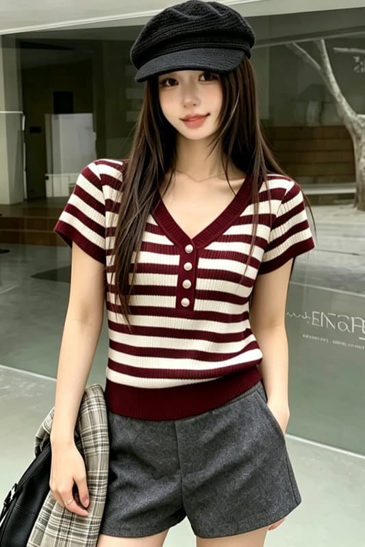 자이언트 잘 생긴 스트라이프 V넥 니트 스웨터 반팔 여성 새로운 여름 디자인 센스 몸매 가꾸기 슬림해 보이는 니트 맨위 이미지 6