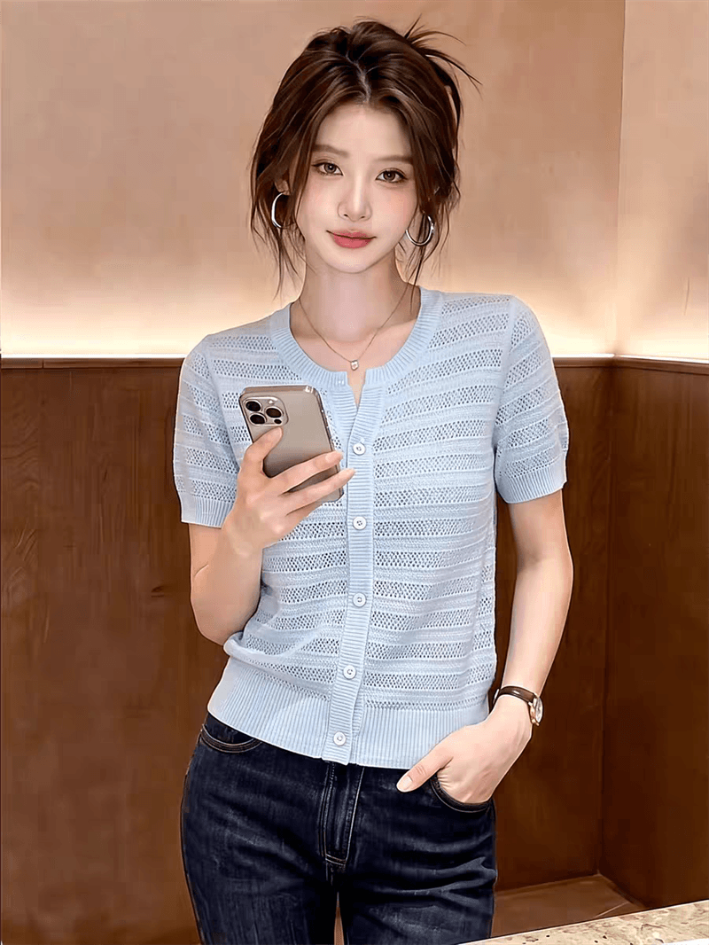디자인 센스 파란색 니트 오픈 가디건 반팔 티셔츠 여성 여름 새로운 패션 다용도 외국 가스 연령 감소 맨위 상세 이미지 9