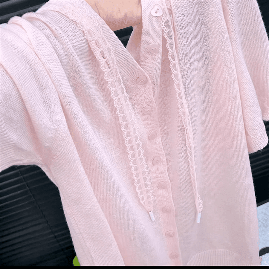 얇은 스타일 후드 반팔 니트 오픈 가디건 여름 새로운 부드러운 덜 슈 바람 오픈 가디건 얇은 스타일 연령 감소 맨위 여성 이미지 5