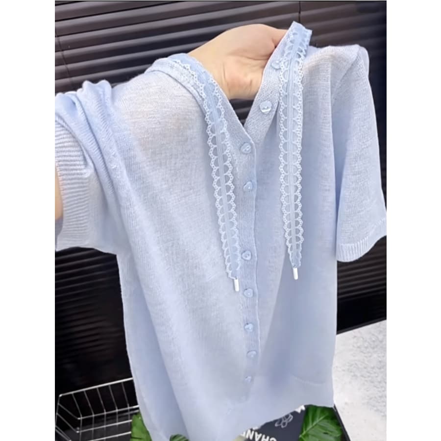 얇은 스타일 후드 반팔 니트 오픈 가디건 여름 새로운 부드러운 덜 슈 바람 오픈 가디건 얇은 스타일 연령 감소 맨위 여성