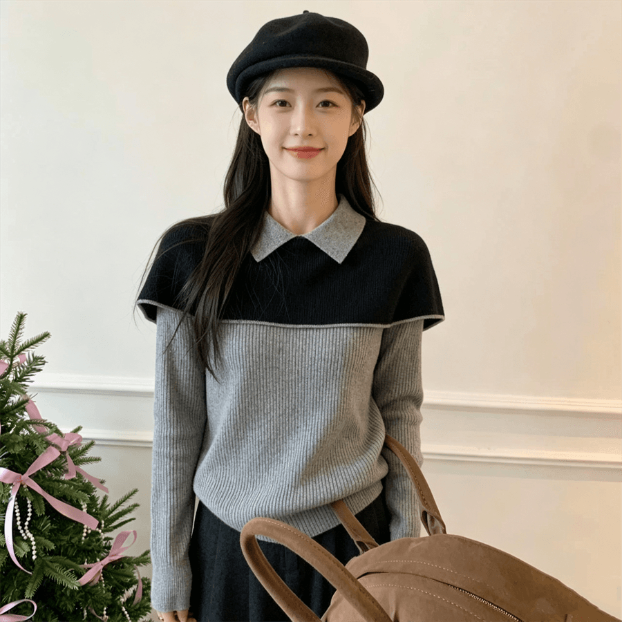 흑인과 백인 배색 페이크 레이어드 폴로 칼라 긴팔 니트 스웨터 여성 가을 새로운 몸매 가꾸기 기본 셔츠 품격 맨위 이미지 3