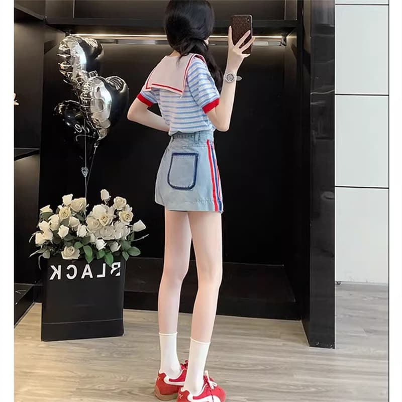 학원 스타일 패치워크 해군 칼라 스트라이프 니트 오픈 가디건 여성 여름 반팔 디자인 센스 작은 키 다용도 슬림해 보이는 맨위 이미지 4