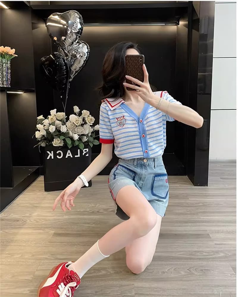 학원 스타일 패치워크 해군 칼라 스트라이프 니트 오픈 가디건 여성 여름 반팔 디자인 센스 작은 키 다용도 슬림해 보이는 맨위 상세 이미지 12