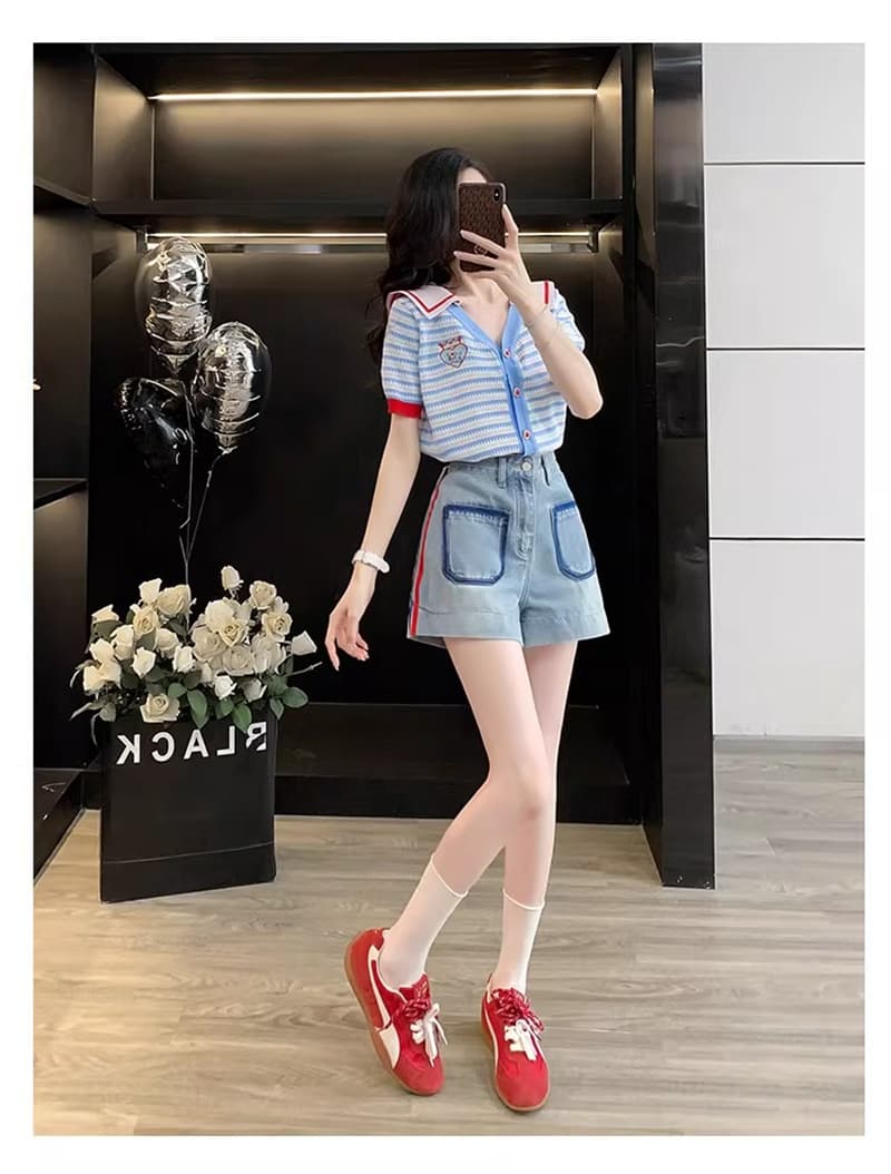 학원 스타일 패치워크 해군 칼라 스트라이프 니트 오픈 가디건 여성 여름 반팔 디자인 센스 작은 키 다용도 슬림해 보이는 맨위 상세 이미지 13