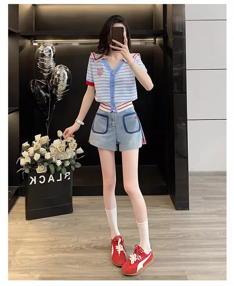 학원 스타일 패치워크 해군 칼라 스트라이프 니트 오픈 가디건 여성 여름 반팔 디자인 센스 작은 키 다용도 슬림해 보이는 맨위 상세 이미지 15