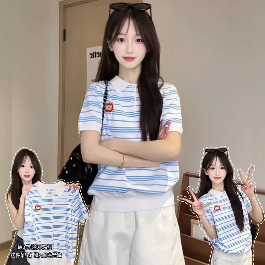 스트라이프 POLO 칼라 반팔 니트 스웨터 여성 여름 얇은 스타일 작은 대중 디자인 센스 슬림해 보이는 학원 스타일 쇼트 스타일 맨위 트렌디