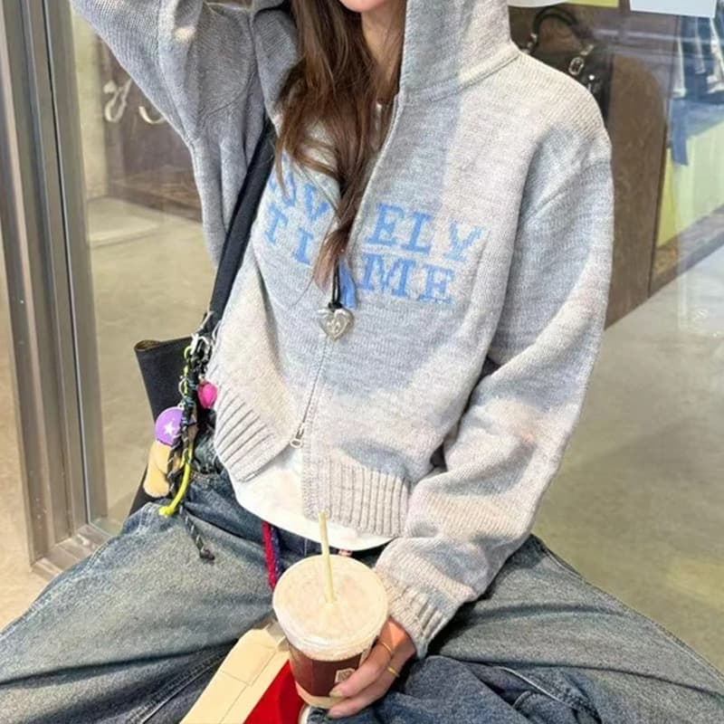 한 부서 분위기 센스 착용 가져 가라. 알파벳 지퍼 후드 스웨터 여자 가을 겨울 루즈핏 느긋한 고급 센스 니트 스웨터 상세 이미지 9