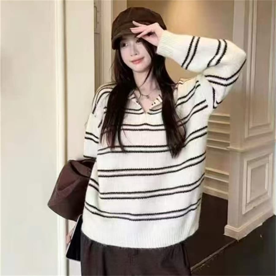 가을 겨울 새로운 레트로 느긋한 바람 분위기 센스 루즈핏 슬림해 보이는 부드러운 찹쌀 니트 스웨터 여성 다용도 풀오버 이미지 4